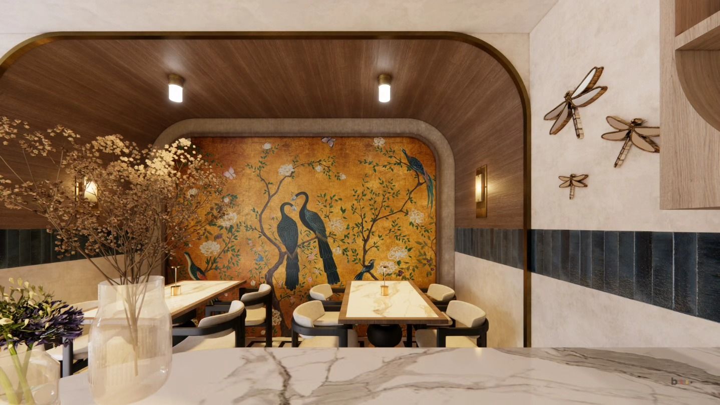 Comedor del bar y restaurante junto al mural de aves y la decoración de libélulas en la pared