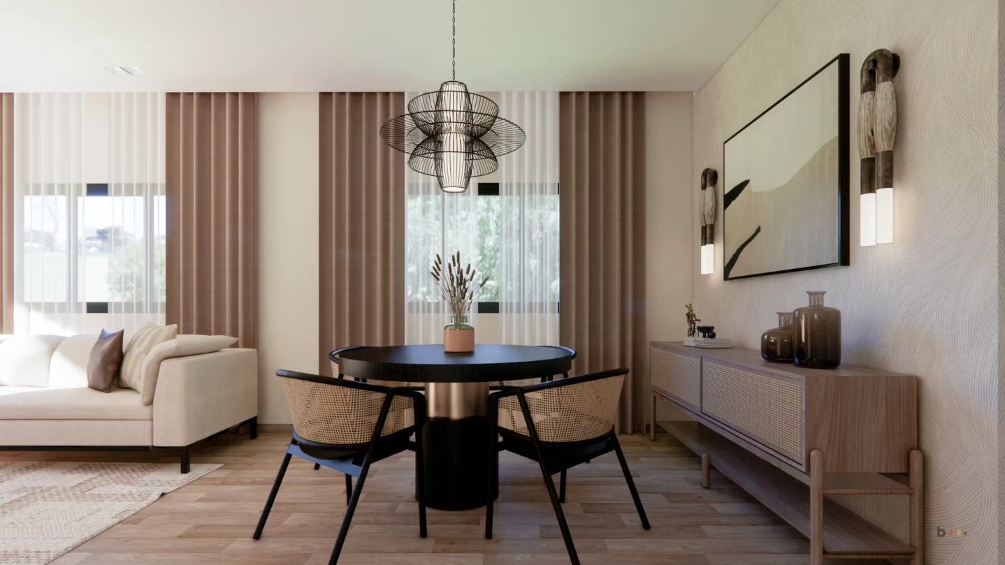 Comedor con sillas de ratán y materiales naturales