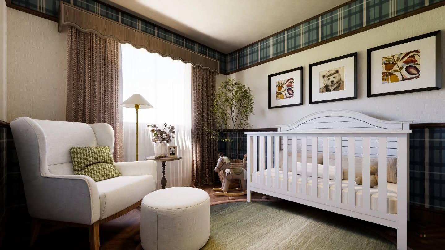 Cuna y cómoda vistas desde el sillón en la habitación infantil