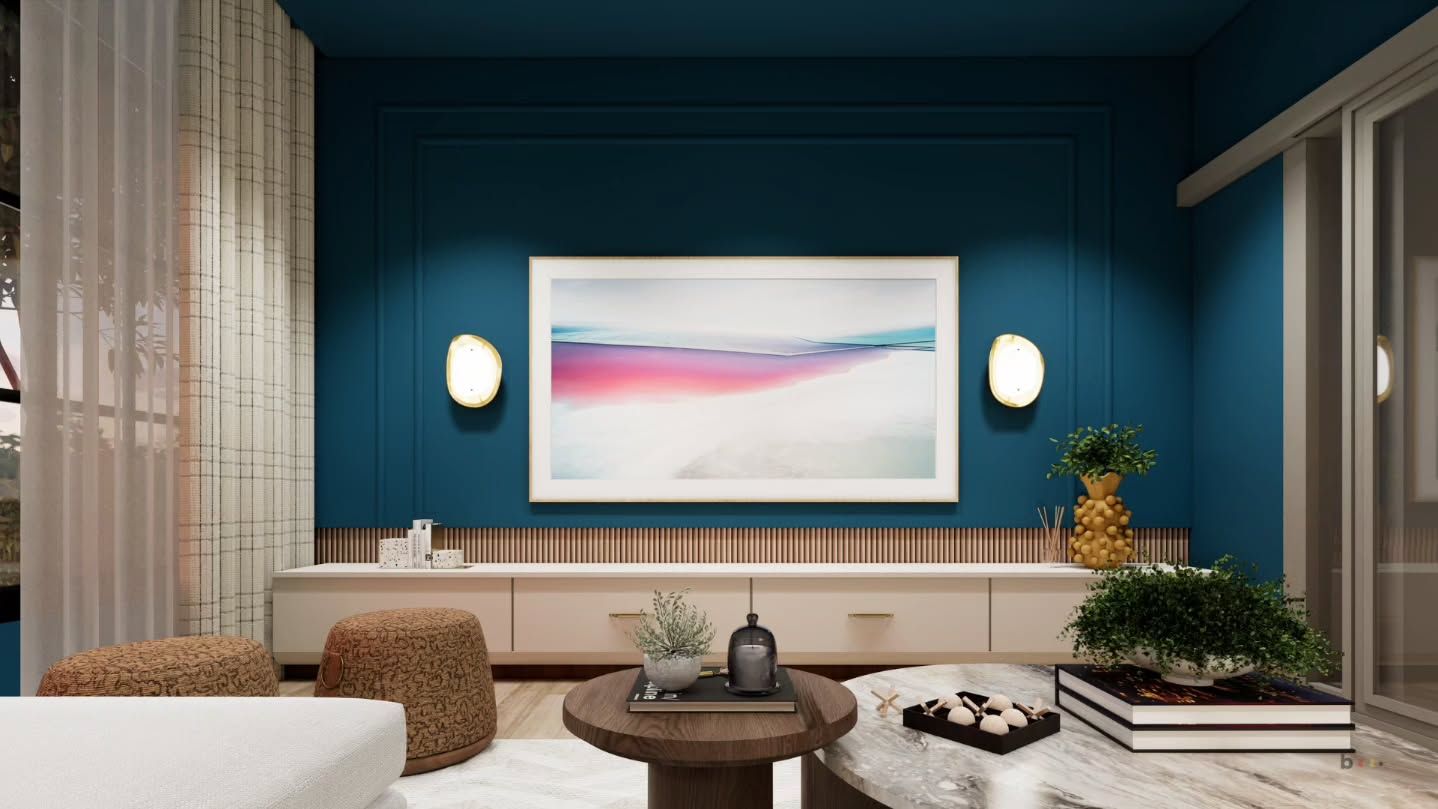 Consola de TV con obra de arte en la sala mid-century