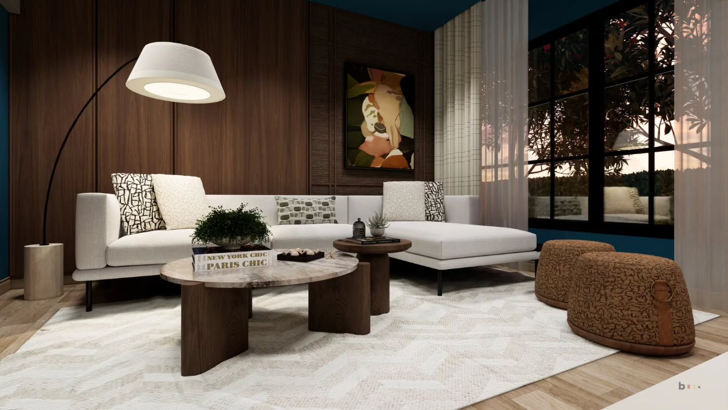 Vista de la sala mid-century con lámpara de piso y sillón junto a la ventana